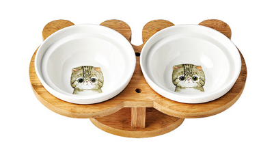 Ceramic Pet Cat/Dog Bowls with timber stand.