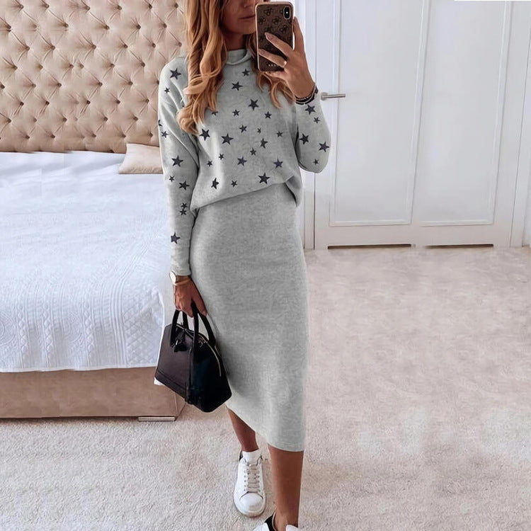 European And American Long Sleeve Printed Turtleneck Tight Casual Hip Skirt