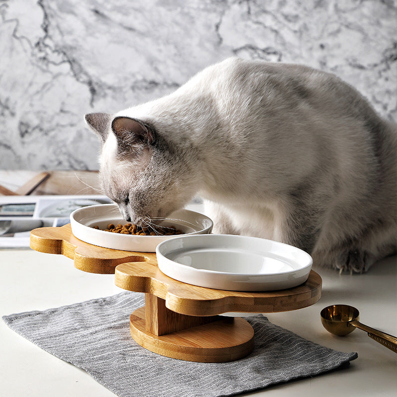 Ceramic Pet Cat/Dog Bowls with timber stand.