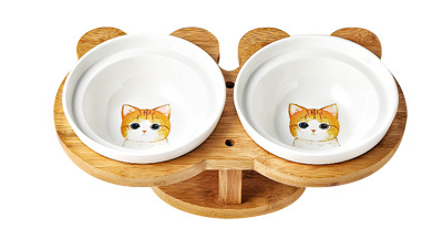 Ceramic Pet Cat/Dog Bowls with timber stand.