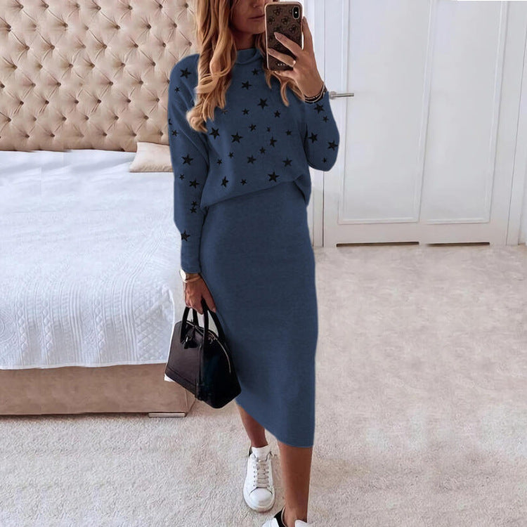 European And American Long Sleeve Printed Turtleneck Tight Casual Hip Skirt