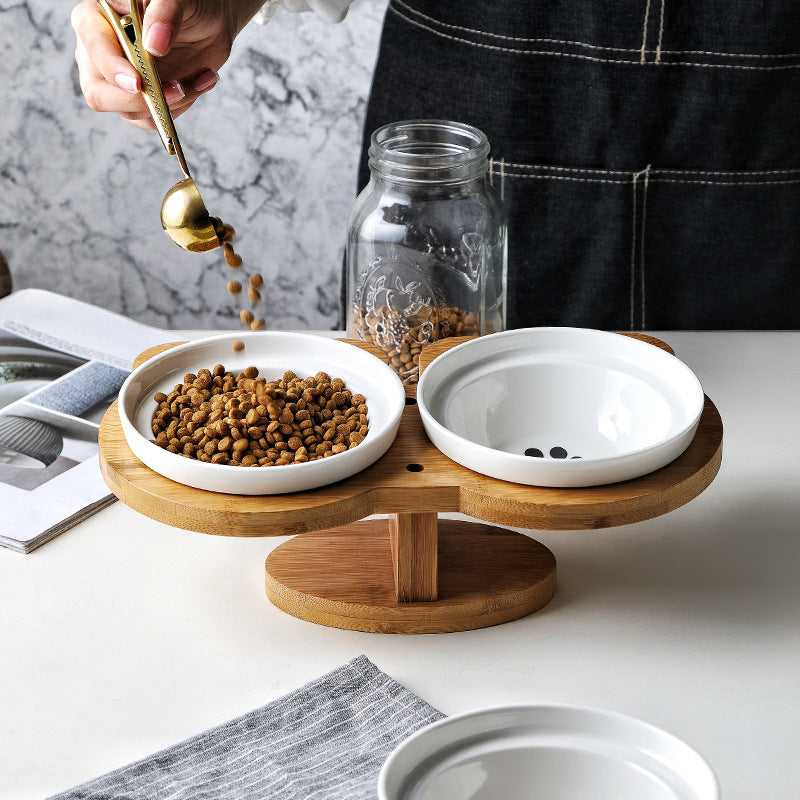 Ceramic Pet Cat/Dog Bowls with timber stand.