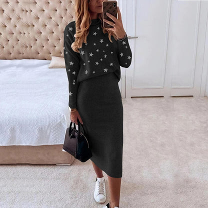 European And American Long Sleeve Printed Turtleneck Tight Casual Hip Skirt