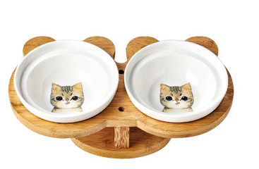 Ceramic Pet Cat/Dog Bowls with timber stand.