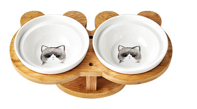 Ceramic Pet Cat/Dog Bowls with timber stand.