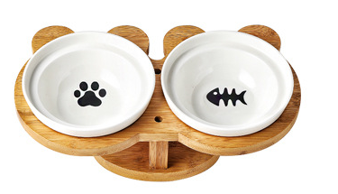 Ceramic Pet Cat/Dog Bowls with timber stand.