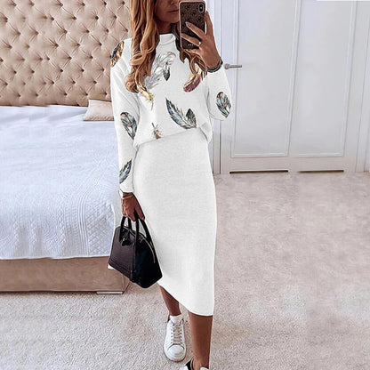 European And American Long Sleeve Printed Turtleneck Tight Casual Hip Skirt